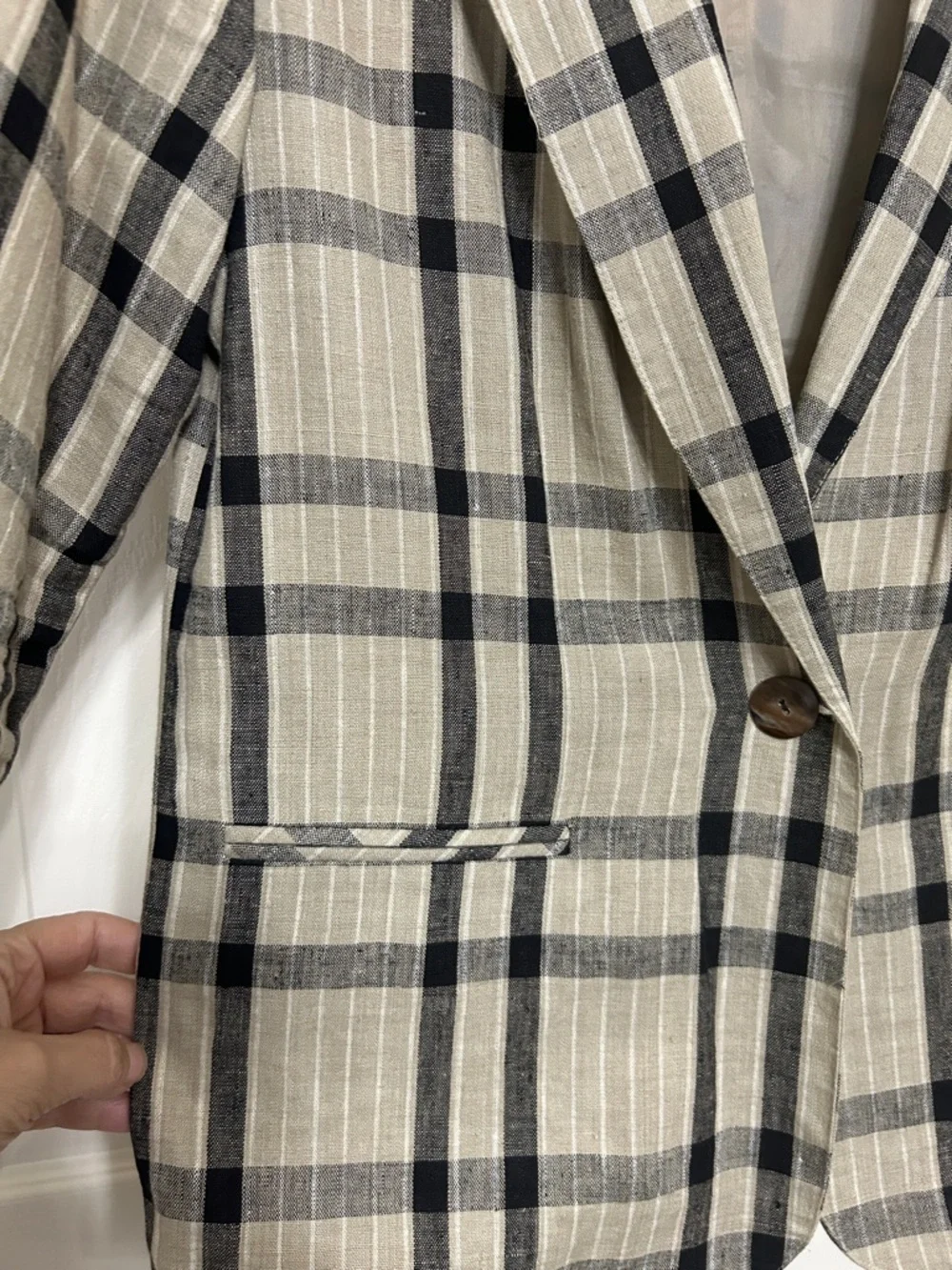 Laura Gayle Linen Black and Tan Plaid Single-Button Blazer Lightweight Summer - Picture 5 of 15